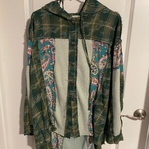 POL Green Plaid and Paisley Button-Up Hoodie